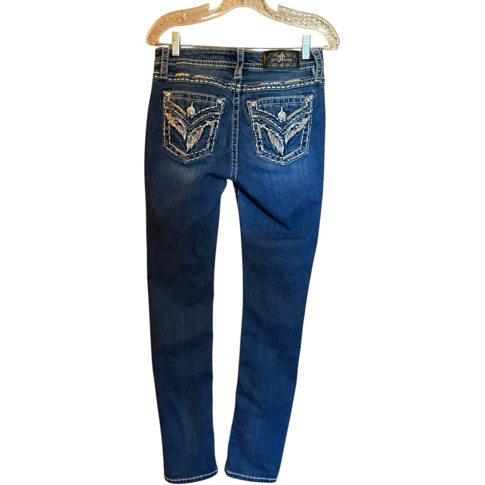Miss Me Jeans Womens 27 Blue Mid Rise Straight Embroidered Pockets Medium Wash - Picture 2 of 6